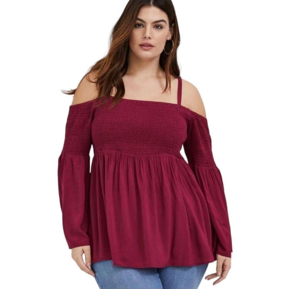Torrid Cranberry Challis Cold Shoulder Bell Sleeve Top